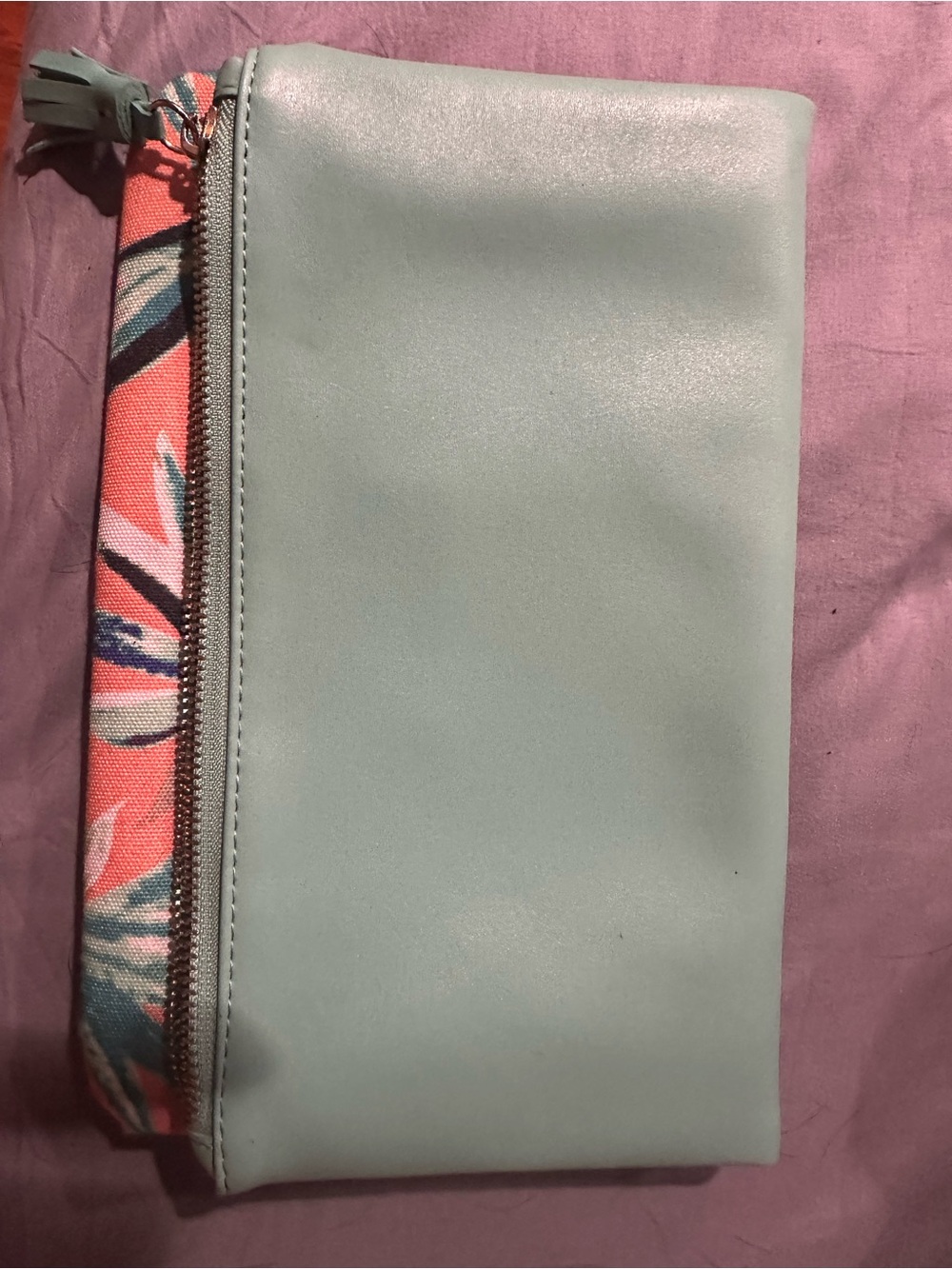 Rachel Pally Light Aqua Wristlet with Coral Floral Trim